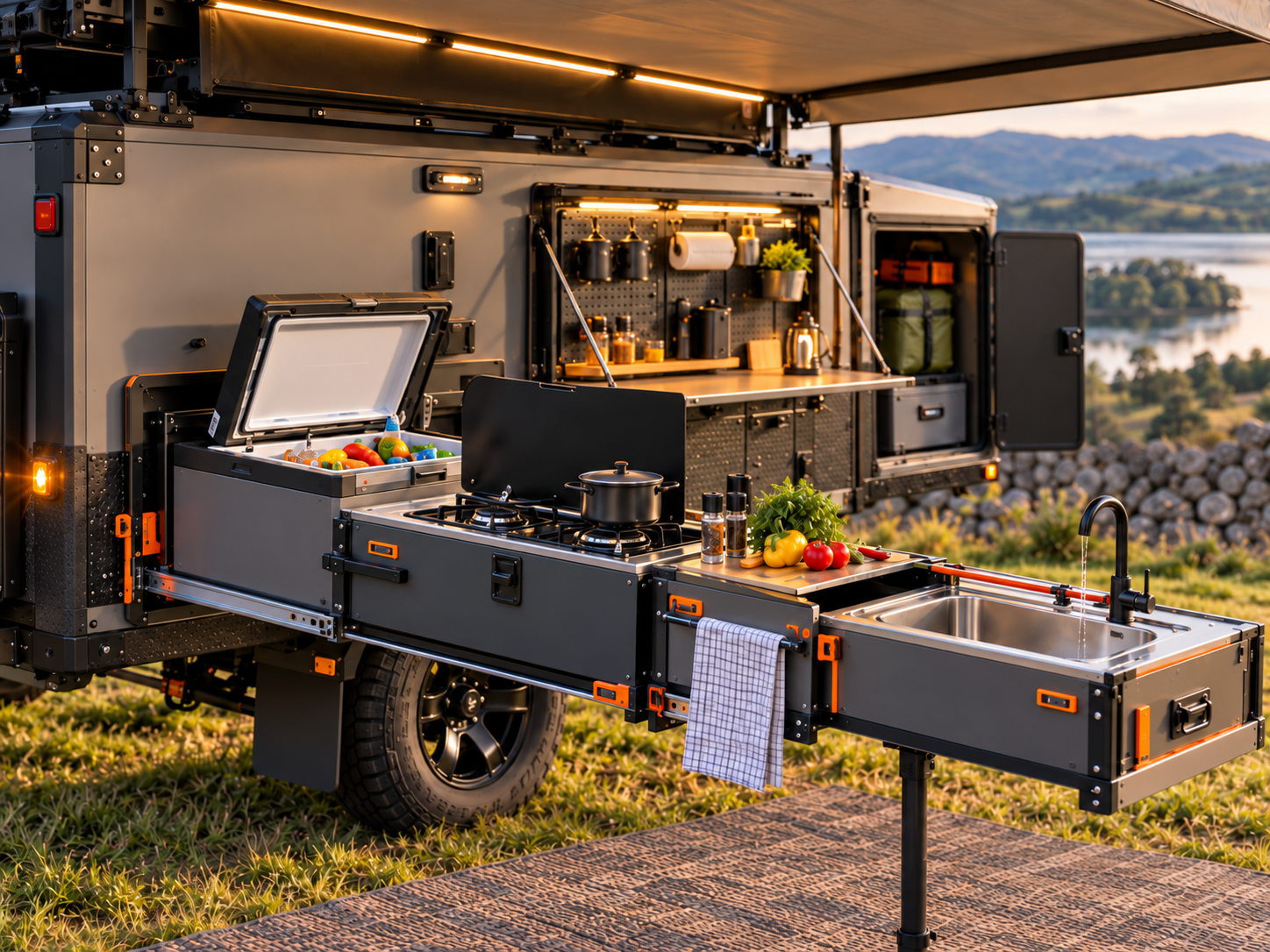 TERTR Base Camp T1 telescoping kitchen showing fridge, hob and sink